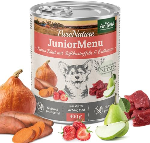 AniForte Hundefutter Nass Junior Rind 6 x 400g – Natürliches Nassfutter für Welpen, Junghunde im Wachstum, hoher Fleischanteil, Premium Welpennassfutter getreidefrei