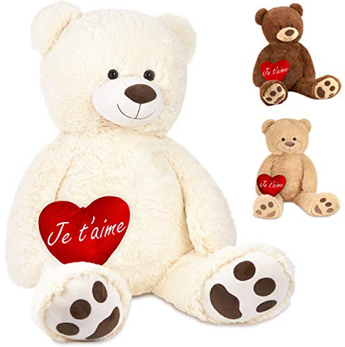 BRUBAKER Peluche géante XXL - Ours/Nounours - 100 cm - Blanc - Cœur en Peluche 'Je t'aime' Inclus
