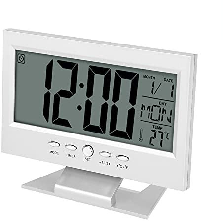 Sveglia digitale da comodin, Sensore sonoro Intelligente con Temperatura Orologio da tavolo con display LCD e calendario e visualizzazione della temperatura per la camera da letto domestica(Argento)