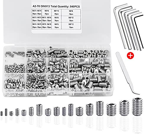 540Pcs Vis Sans Tête Hexagonale M2 M3 M4 M5 M6 M8 Vis Allen Acier Inoxydable Vis Pointeau Poignée de Porte avec Allen Clé et Pince à Épiler