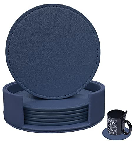 RICHSUM Sottobicchieri 6 Pezzi Sottobicchieri in Ecopelle Morbida Sottobicchieri Rotondi con Cucitura Intorno, Adatti a Varie Tazze, Tavoli di Legno, Decorazione della Casa,10 cm (Blu Scuro)
