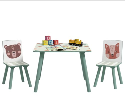 ZONEKIZ Mesa y Sillas Infantiles de 3 Piezas con 2 Sillas Verde y Blanco | Mesa Infantil, Juego de Muebles para Actividades, para Niños de 3-8 Años, para Dormitorio Sala de Juegos