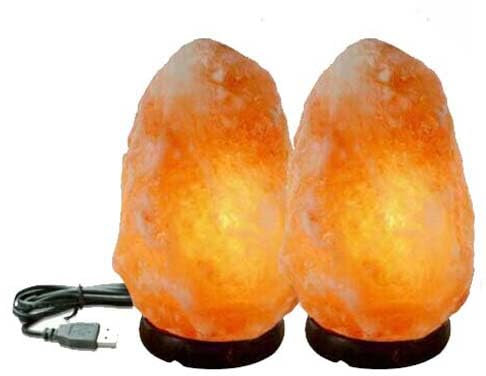 2PCS 100% Natural Pure Himalayan USB LED Salt Lamp Healing Ionizing Pink Crystal Rock Hand Crafted Air Purifier Night Light & Gifts Wooden Base Home Decoration Table Lamp