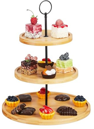 Relaxdays Etagere, 3 Tiers, Bamboo, Cake, Snacks, Fruit, Metal Handle, Serving Stand, H x Ø: 36 x 28 cm, Natural/Black, 36 x 28 x 28 cm