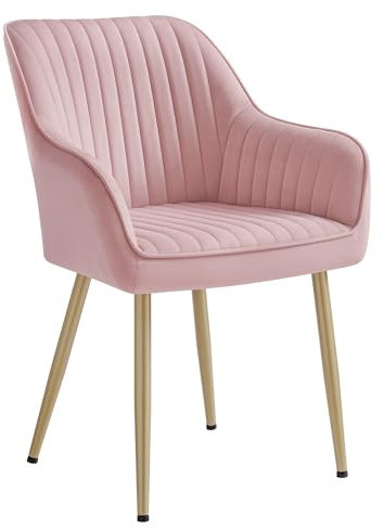 SONGMICS Silla de Comedor, Silla de Cocina, Sillón de Terciopelo, Silla Tapizada con Reposabrazos, Carga Máx. de120 kg, Patas de Metal, para Comedor, Cocina, Rosa Jalea y Dorado Pálido LDC087R01
