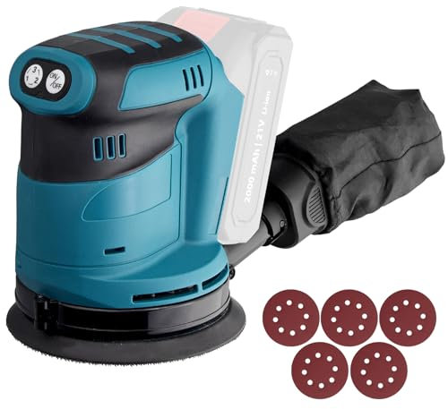 AMTOVL Exzenterschleifer Schleifmaschine Schleifgerät 3 Leistungsstufe mit 5PCS 125mm Schleifpapier Schleifer zum Schleifen Wachsen Polieren von Holz Metall (ohne Akku)