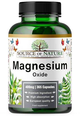 Oxyde de Magnésium 665 mg | 400 mg de Magnésium Élémentaire | 365 Gélules Véganes | Haute Dose | Réserve d’un An | Source of Nature