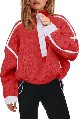 Panadila Womens Quarter Zip Fleece Pullover Sherpa Jacket Oversized Sweatshirt with Pockets Fuzzy Sweater (Red,M)