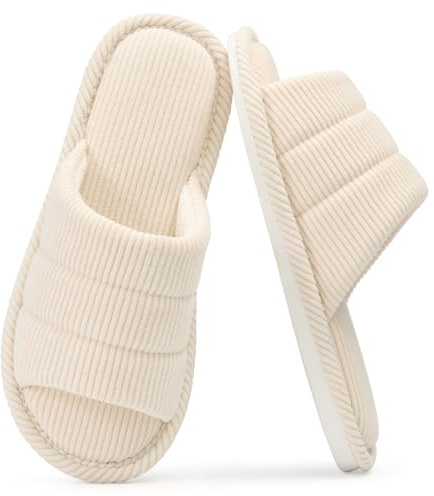 shevalues Terry Cloth Open Toe Slippers for Women Memory Foam Slip On House Slippers, Corduroy, Beige 260, 7.5-8.5 Women/6-7 Men