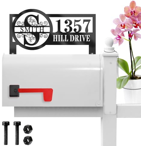 Personalized Mailbox Last Name Topper Address Sign - Metal House Numbers for Mailbox,Mailbox Topper Address Plaque,Top Mount House Number Sign Plate 10'' x 5.7'' Coated Black (MP04)