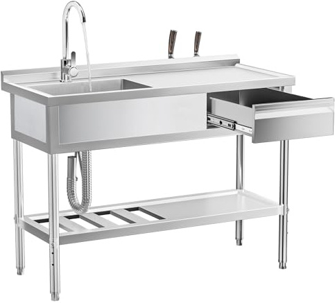 WOEDEN 47 304 Stainless Steel Utility Sink, Free-Standing Commercial Sink with Workbench, Drawer Storage & Hot/Cold Water Pipes for Laundry, Farmhouse & Outdoor Use