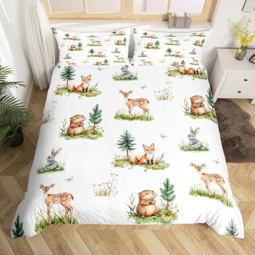 Homewish Woodland Wildlife Bedding Set For Kids Boys Girls Wild Animals Duvet Cover Super King Size Cartoon Fox Rabbit Beaver Deer Quilt Cover Fir Trees Bed Set 3 Pcs