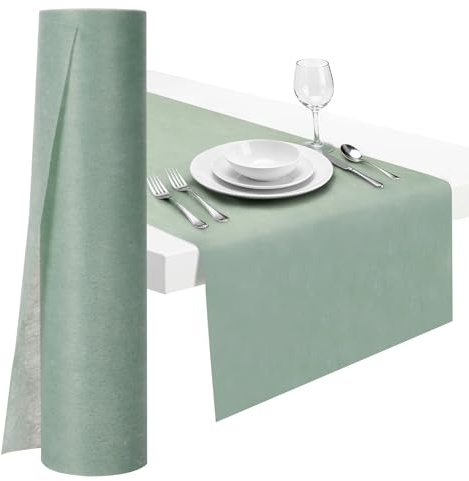 Ezvsevuo Runner da Tavolo in Tessuto Non Tessuto, 30 cm x 25 m Runner Tavola Moderno, Runner Verde Salvia, Rotolo di Runner Tavolo, Table Runner Decorazione per Matrimoni, Feste, Battesimi - Verde