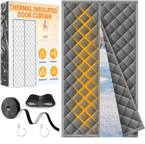HOFUDON Magnetic Thermal Insulated Door Curtain 80 x 200cm, Heavy Duty Thermal Door Curtain for Winter, Waterproof Windproof No Drill Needed Door Cover, Powerful Magnets, Durable Oxford Fabric, Grey
