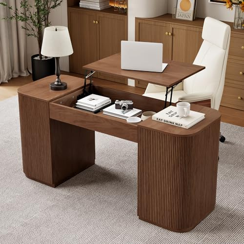 homary 59.8 Modern Standing Desk, Home Office Desk Engineered Wood Office Desk with Lift-Top & Ample Storage for Office, Study, Walnut