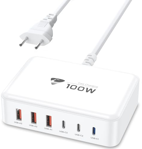 Chargeur USB C, 100W 6 Port Chargeur Rapide USB C Multiple Secteur 3 USB-c+3 USB-A 3.1A Type C Adaptateur Chargeur USB pour iPhone 17 16 15 14 13 12 11 Pro Max, MacBook Pro/Air iPad, Samsung S24 S23