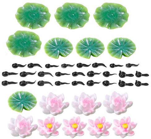 NUOBESTY Figurines Miniatures de Têtards et Grenouilles en Résine Feuilles de Lotus et Nénuphars Artificiels Flottants Décoration Aquatique pour Bassin et Jardin Zen