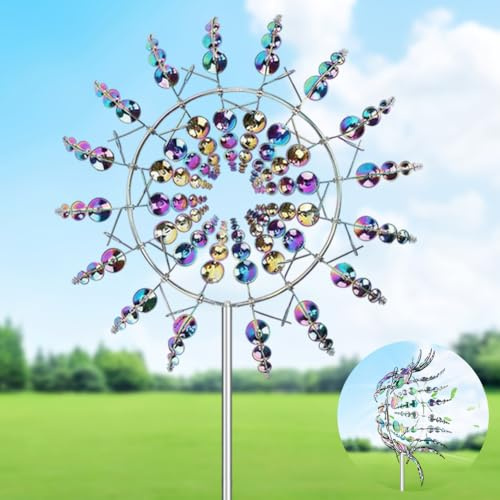 DASIAUTOEM Magisk vindkvarn, 3D-vindsnurra rostfritt stål, vindspel, trädgård med trädgårdsstolpe, vindspinnare utomhus, 360° dubbla rotor, kinetisk vindspinnare för gård, trädgård, terrass