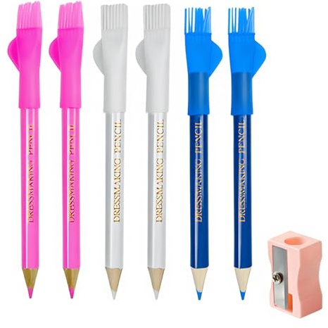 6 Pack Tailors Chalk Pencil Set for Fabric Marking, 3 Colors Washable Fabric Pencils with Eraser Brush & Sharpener, Sewing Chalk for Quilting, Dressmaking, Embroidery, Sewing Accessories RARITYLL