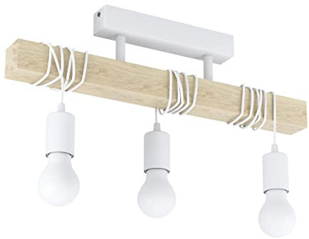 Eglo lámpara de techo Townshend, lámpara de techo vintage de 3 focos en diseño industrial, lámpara colgante retro de acero y madera, color blanco, marrón, portalámparas E27