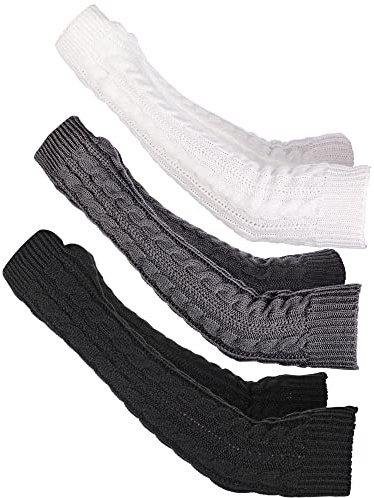 Bememo 3 Pairs Arm Warmers Long Fingerless Gloves Knit Wrist Warmers with Thumb Hole Open Finger Arm Socks for Women Adult(Black, White, Dark Gray)