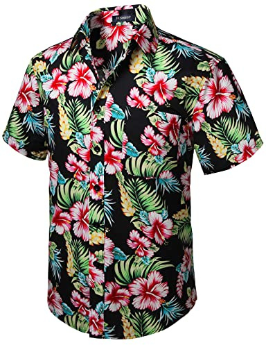 HISDERN Men Funky Hawaiian Floral Shirts Short Sleeve Front Pocket Holiday Summer Aloha Printed Beach Casual Black Pink Hawaii Flower Shirt S