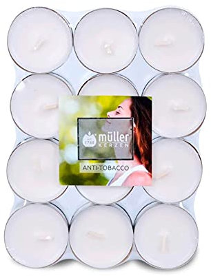 Müller Tealights Lot de 24 bougies parfumées – Parfum Anti tabac – 39 × 15 mm – Durée de combustion 4 heures – Bougies en cire verte, récipient en aluminium anti-goutte