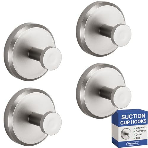 HOME SO Suction Cup Hooks for Shower & Bathroom Towel Holder 4-Pack – Suction Cups Hooks for Hanging Towels, Robes, & Coats - Tiles, Glass Door or Mirror – Shower Hooks & Towel Hooks Organizer -Nickel