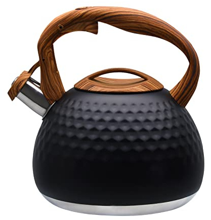 GGC Tea Kettle for Stove Top, Loud Whistling Kettle for Boiling Water Coffee or Milk, 3.1 Quart 3L Heavy Stainless Steel Black Kettle with Wood Pattern Handle, Unique Button Control Kettle Outlet