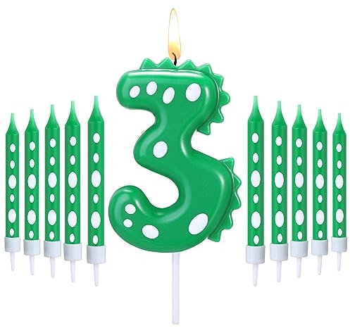 Herdear Grüne Dinosaurier Geburtstag Kerzen für Party 1 Stück Dino Zahlenkerze und 10 Lange Dünne Kerzen zum Geburtstag Grüne Dino Geburtstagskerzen für Dino Thema Kuchendeko Party Deko (Zahlen 3)