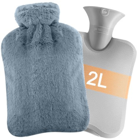HILEYOLLA Bouillotte Eau Chaude 2L, Bouillotte Douce avec Housse en Peluche, Soulage la Douleur - Enfant et Adulte, Antifuite en Caoutchouc, Amovible