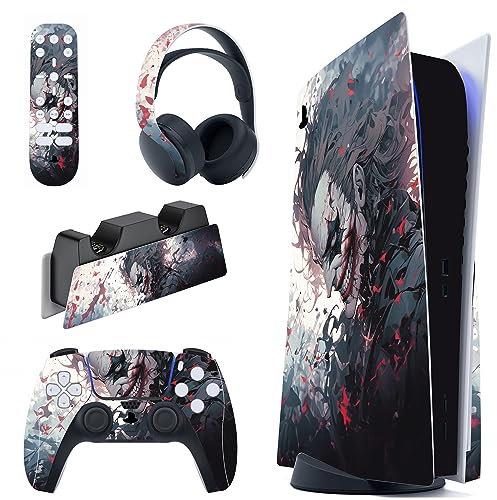 playvital Killing Clown Full Set Skin Decal for PS5 Console Disc Edition, Sticker Vinyl Decal Cover for PS5 Controller & Charging Station & Headset & Media Remote