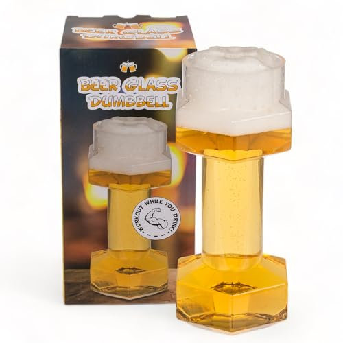 MIJOMA Verre à bière avec haltère, 22 cm – 700 ml – Décontracté – Pour les amateurs de bière – Pour le fitness et les fêtes – Une aventure de bière pour les amateurs de plaisir – Passe au