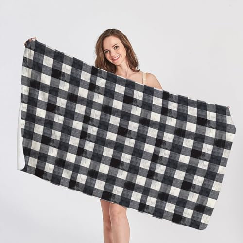 QEODAH Strandtuch Groß 100x200 Schwarz Weiß Kariert - Schnelltrocknend & Ultraleicht & Sandfrei & Weich Mikrofaser Handtücher, Kariert Strandhandtuch Badetuch Handtuch, Pflegeleicht Badetücher