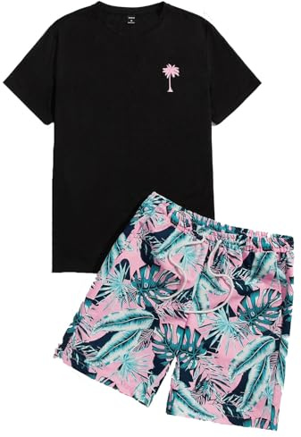 Beokeuioe Pigiama corto da uomo, in cotone, divertente maglietta + pantaloncini, pigiama estivo, pigiama da uomo, pigiama in due pezzi, pigiama da notte