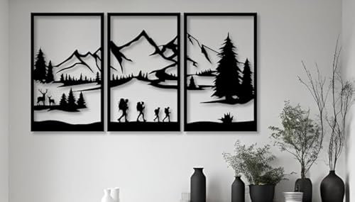 burkfeeg Set di 3 Montagne Decorazione da Parete in Metallo, Nero Decorazione della Parete di Montagna e Foresta, Pittura Decorativa per la Casa, Soggiorno, Camera da Letto, Interni ed Estern(43x90cm)