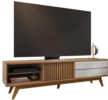 Meuble TV 75 Pouces Chêne et Blanc 1 Porte 2 Tiroirs 3 Niches L 200 H 55.2 P 37.7 cm