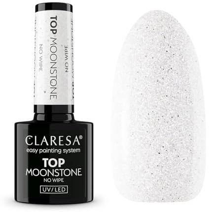 Claresa Top Moonstone No Wipe 5 g – Capa superior transparente UV/LED con fina purpurina plateada | No requiere limpieza | Efecto brillante de larga duración | Top
