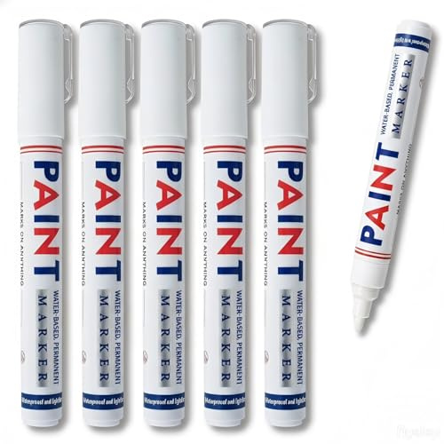 VOTON White Paint Pens, 5 Pcs 2-3mm Permanent Paint Marker Pens, Waterproof and Quick Drying Water-Based White Pen for Rock Painting, Metal, Glass, Wood, Plastic, Leather, Ceramic, Tire Pen