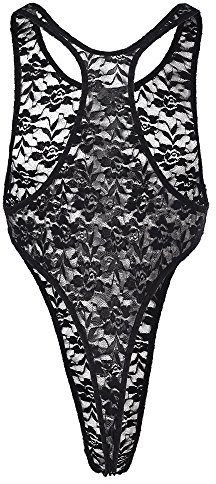 IWEMEK Men's One-piece High Cut Sissy Pouch G String Underwear Wrestling Singlet Lingerie See Through Leotard Bodysuit Thongs Nightwear Black Floral XX-Large