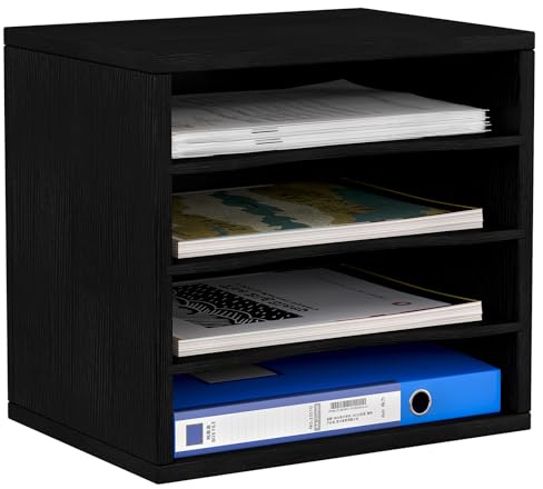 EasyPAG Wood Desktop 4 Tier A4 in Tray Office Desk Tidy File Holder Paper Organiser Magazine Storage Filing Rack,Black