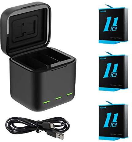 TELESIN Dreifach-Ladegerät und Akku-Speicherbox mit Ladegerät mit 3 Kanälen mit 3 Li-Ion-Akkus für GoPro Hero 12 Hero 11/10/9 Black (1 Ladegerät + 3 Akkus)