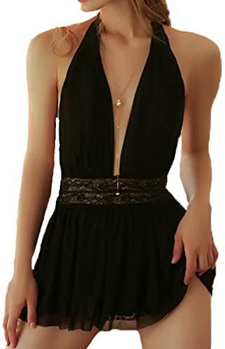 TBSCWYF Mujer Bata Kimono Encaje Dormir Babydoll Camisón Malla y Tanga Conjunto y Cinturón Conjuntos de lencería (Negro)
