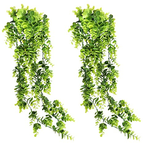 Konstgjord eukalyptus murgröna, hängande växt, 2 stycken, GKONGU grön plastväxter, vinranka för hem, kontor, trädgård, bröllop, fest, inomhus- och utomhusväggdekoration