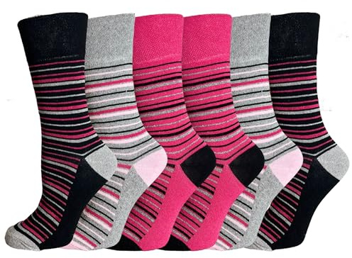 Calcetines para mujer 6 pares – Calcetines de algodón sin elástico para mujer con agarre suave | Calcetín elástico para pies hinchados | Calcetines para diabéticas talla 4-7 UK talla única (rayas