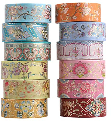 LGEGE 12 rouleaux de ruban Washi Tape chinois, 15mm de large, fleurs, motif classique, ruban japonais de masquage décoratif pour Scrapbook, Bullet Journal, emballage cadeau, bricolage (2m)