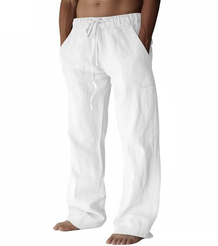 Puimentiua Cotton Linen Pants Men Casual Loose Fit Elastic Drawstring Waist Summer Beach Pants(White,L)