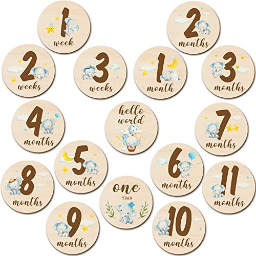Tiamon 16 Pcs Baby Monthly Milestone Cards Wooden, Blue Elephant