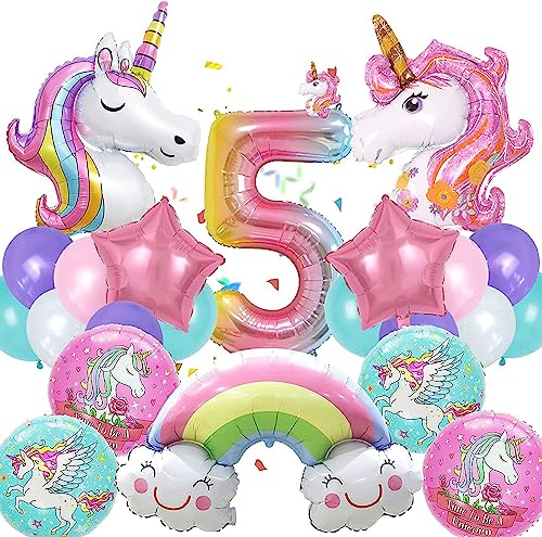 Einhorn Luftballons Geburtstag 5 Jahre, 19 Stück Einhorn Ballons Geburtstag, Luftballons 5. Geburtstag Mädchen, Einhorn Luftballons Mädchen, Helium Folienballon Geburtstagsdeko für Kinder