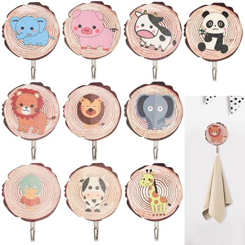 TYFYH Kleiderhaken Kinder 10 Stück Selbstklebender Haken aus Holz, Wandhaken aus Holz in Tierformen, Kindergarderobe Haken, Kinder Garderoben für Kinderzimmer, Handtuchhalter, Türhaken